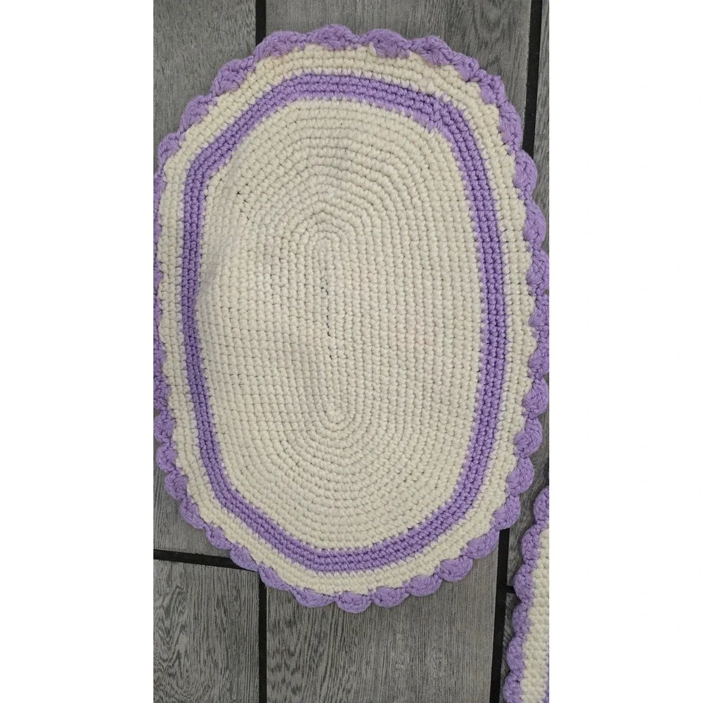 Vintage Handmade Crochet Oval Placemats Set of 6 Cream Lavender Scalloped Edge